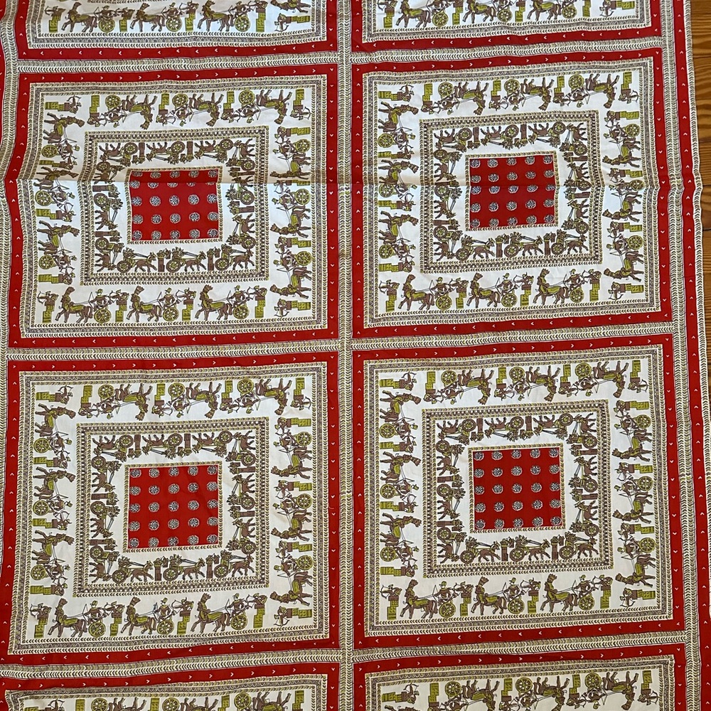1950s Novelty Print Fabric Chariot Squares Orange Chartreuse Greek